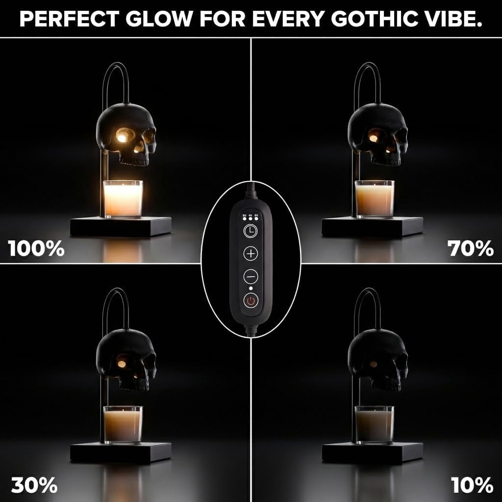 Skull Candle Warmer Lamp with Timer and Dimmer *Candles NOT Included – Black Gothic Candle Lamp Warmer w/Adjustable Height, 2 Light Bulbs – Skull Decor, Goth Gothic Decor Spooky Home & Witchy Gifts
