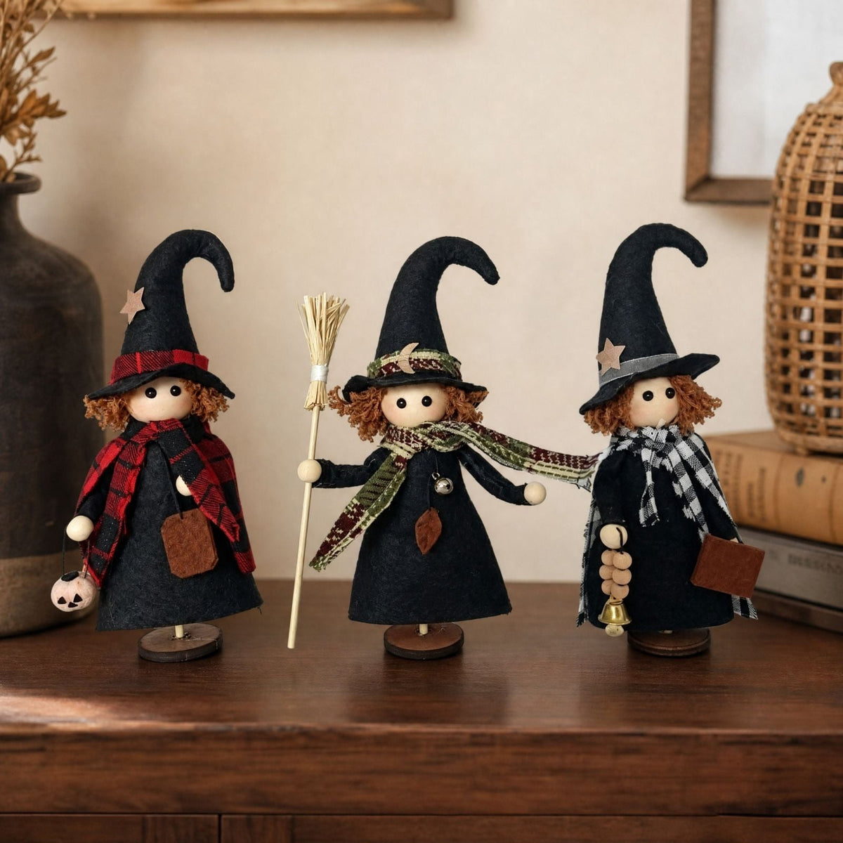Vintage Primitive Witch Trio – Rustic Farmhouse Halloween Tabletop Decor | Halloween Witch Figurines Set,Primitive Witch with Hats,Farmhouse Witch Figurines / Plaid Dresses Broom for Mantel Decor