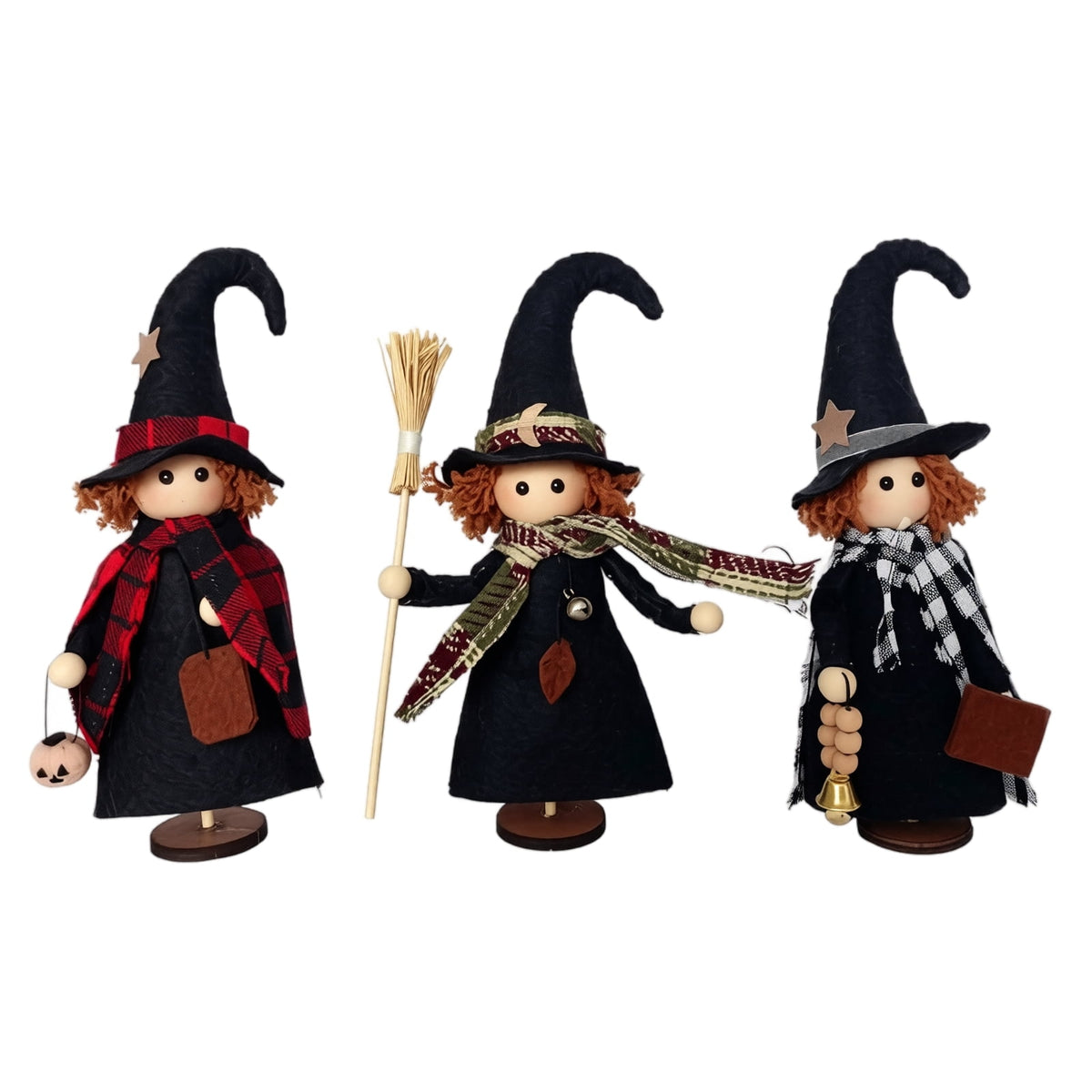 Vintage Primitive Witch Trio – Rustic Farmhouse Halloween Tabletop Decor | Halloween Witch Figurines Set,Primitive Witch with Hats,Farmhouse Witch Figurines / Plaid Dresses Broom for Mantel Decor