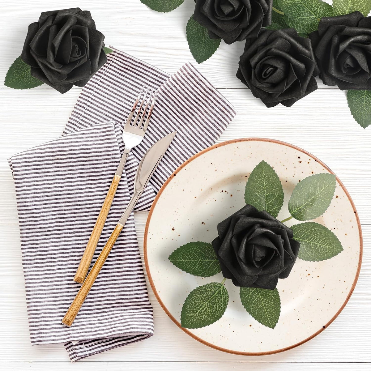 Mocoosy 50Pcs Black Roses Artificial Flowers, Fake Roses for Decorations Real Touch Foam Rose Bulk with Stem Gothic Wedding Bouquet DIY Floral Arrangements Bridal Shower Valentine's Party Table Decor