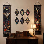 Gothic Wall Decor Set, 2-Pack Butterfly Floral Tapestry for Bedroom with 6 Wood Diamond Wall Hangings, Dark Cottagecore Room Art