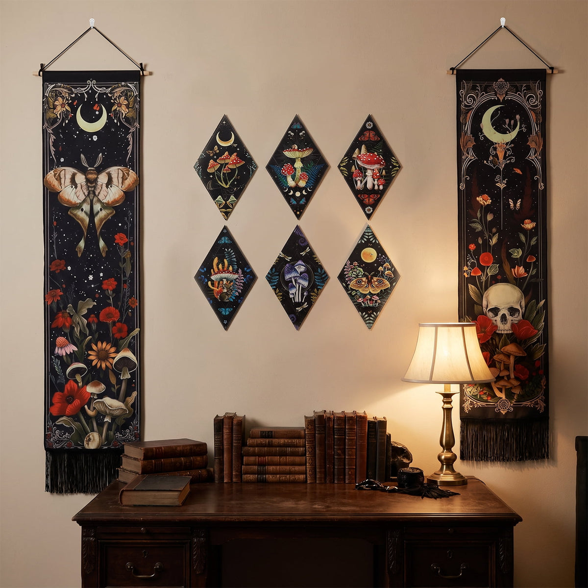 Gothic Wall Decor Set, 2-Pack Butterfly Floral Tapestry for Bedroom with 6 Wood Diamond Wall Hangings, Dark Cottagecore Room Art