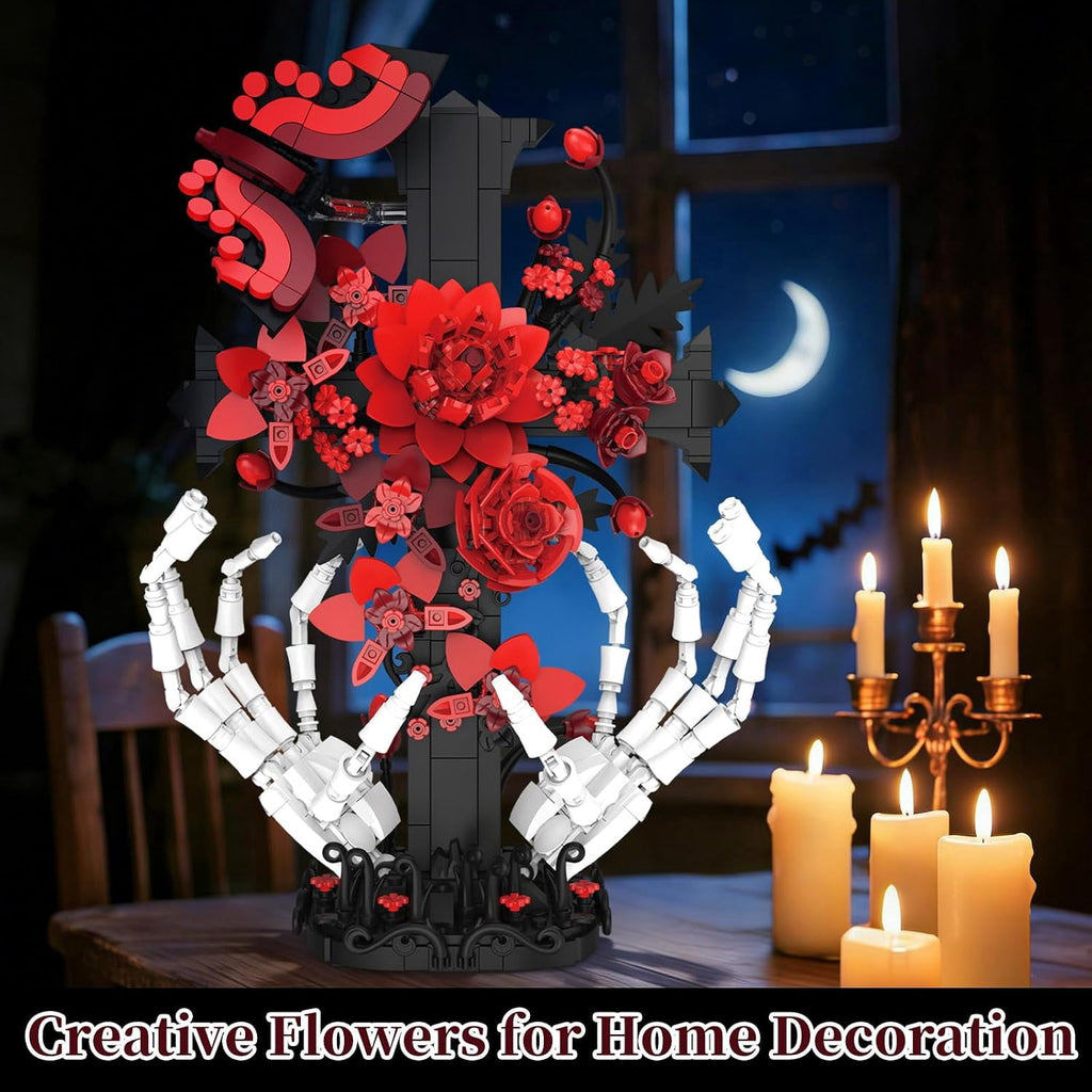 Gothic Cross Roses Building Set, Skeleton Hands with Flowers Botanical Collection Kit for Adults Women, Horror Goth Decor for Home Office, Gift for Her for Birthday/Halloween/Valentines Day/Christmas