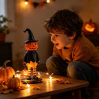Halloween Pumpkin Head Figurine with Lighted Handheld Pumpkin Lantern - Vintage Witch Gentleman Tabletop Decor, Light Up O' Lantern Statue for Home Mantel Shelf Fall Decor