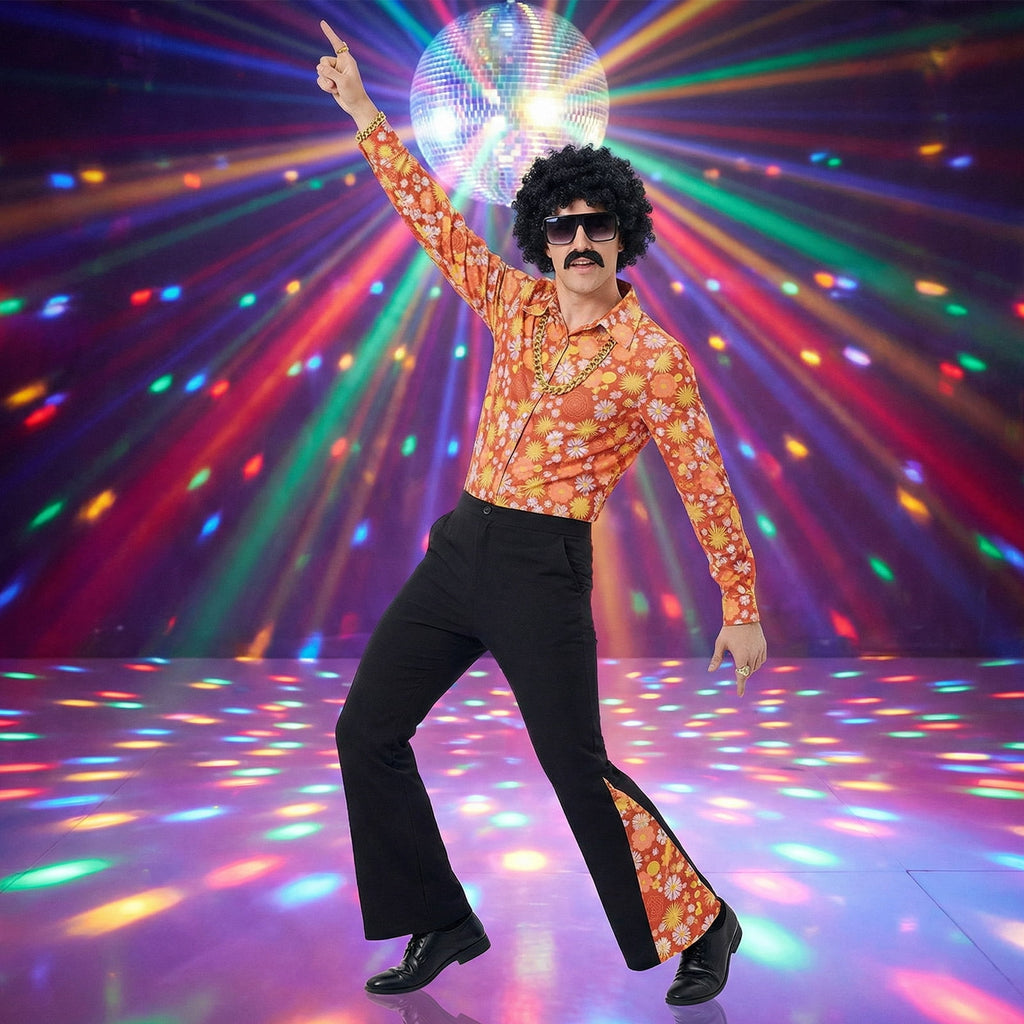 Alaiyaky 70s Disco Outfit Men Disco Costume Set Men with Shirt Flared Pants Accessories 1970s Fancy Dress for Adults Hippie Costume for Halloween Carnival Party