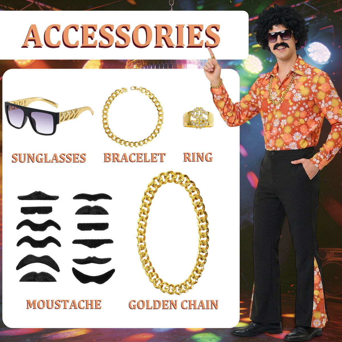 Alaiyaky 70s Disco Outfit Men Disco Costume Set Men with Shirt Flared Pants Accessories 1970s Fancy Dress for Adults Hippie Costume for Halloween Carnival Party