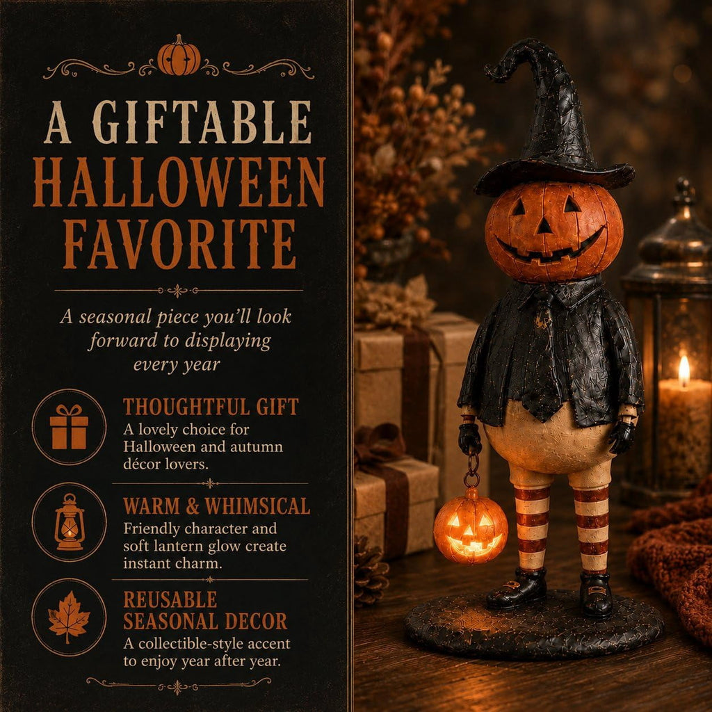Halloween Pumpkin Head Figurine with Lighted Handheld Pumpkin Lantern - Vintage Witch Gentleman Tabletop Decor, Light Up O' Lantern Statue for Home Mantel Shelf Fall Decor