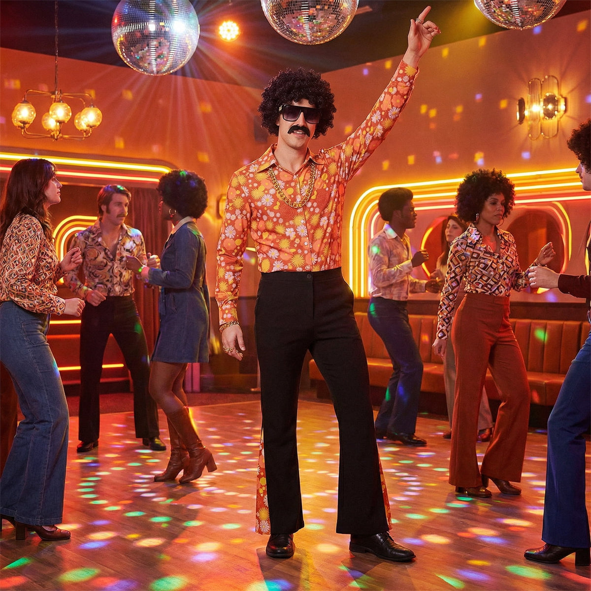Alaiyaky 70s Disco Outfit Men Disco Costume Set Men with Shirt Flared Pants Accessories 1970s Fancy Dress for Adults Hippie Costume for Halloween Carnival Party