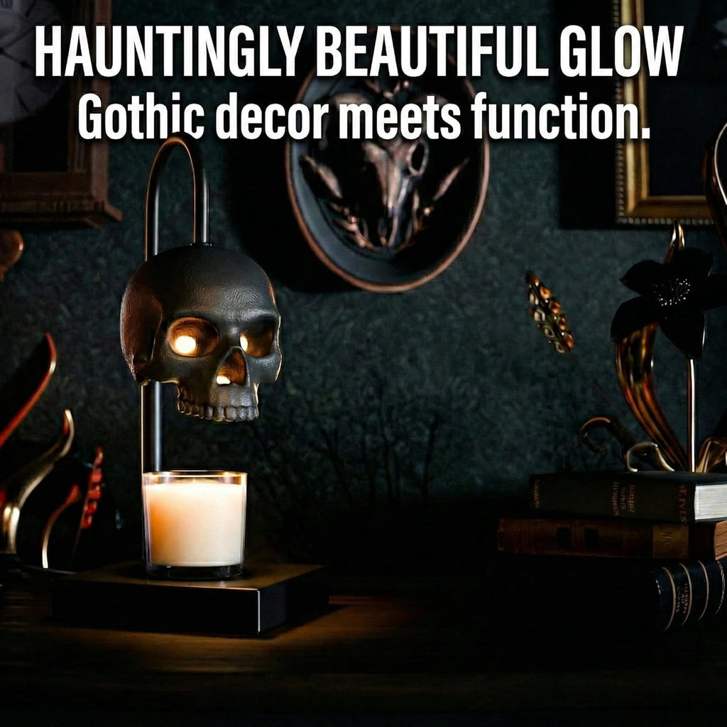 Skull Candle Warmer Lamp with Timer and Dimmer *Candles NOT Included – Black Gothic Candle Lamp Warmer w/Adjustable Height, 2 Light Bulbs – Skull Decor, Goth Gothic Decor Spooky Home & Witchy Gifts