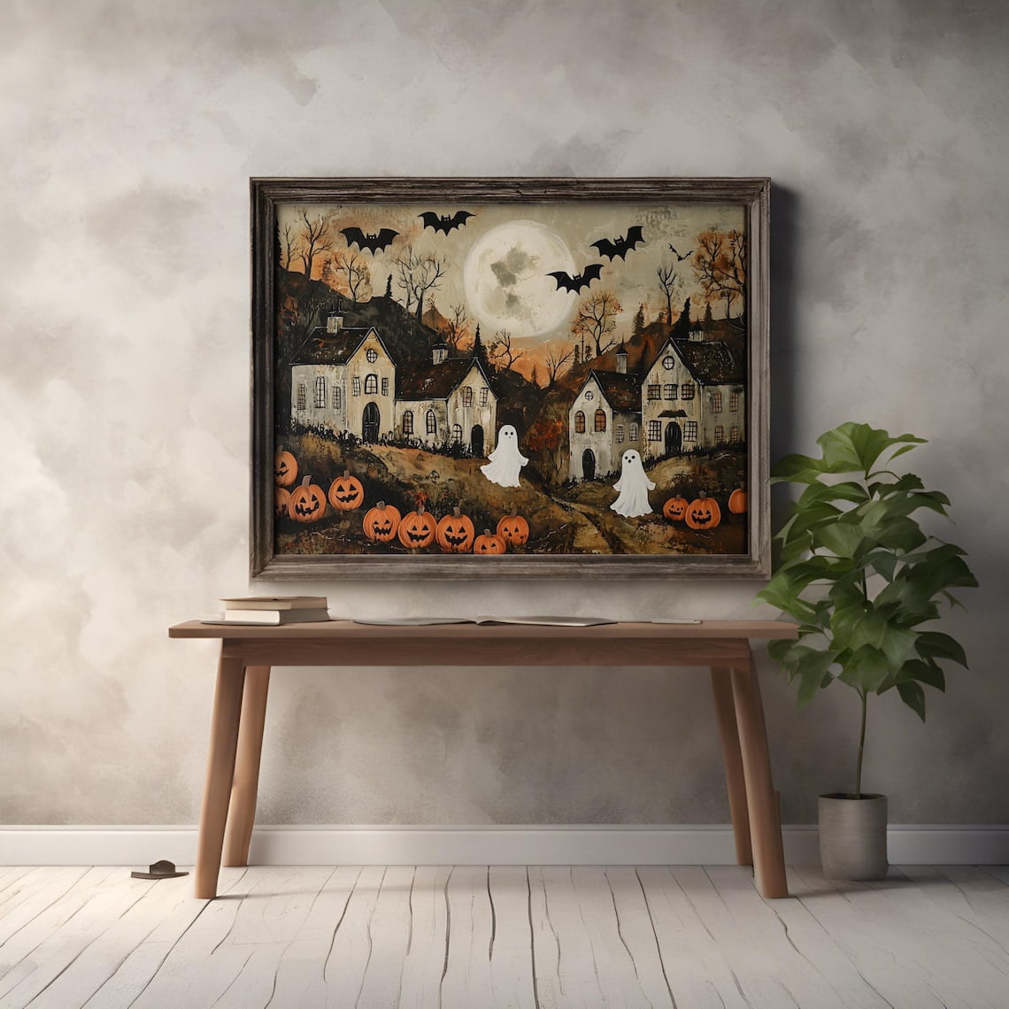 Halloween To-wn Wall Art Canvas Artwork Wall Decor Halloween Ghost Pumpkin Vintage Prints Painting Art Prints Picture Home Halloween Bedroom Decoration No Frame