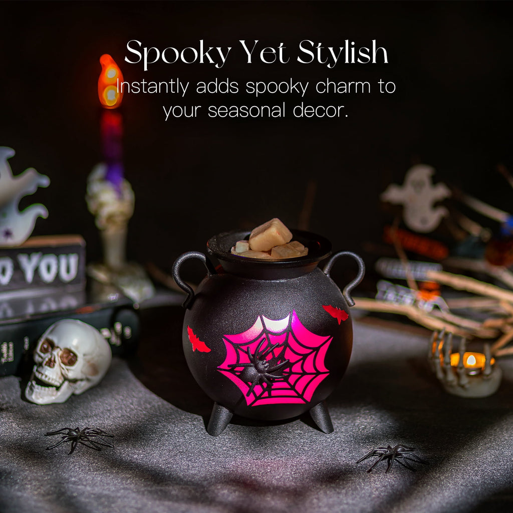 Sziqiqi Gothic Cauldron Wax Warmer: Halloween Electric Wax Melter with 2 Bulbs Spider Web Design Removable Dish for Scented Wax Spooky Home Decor Gift