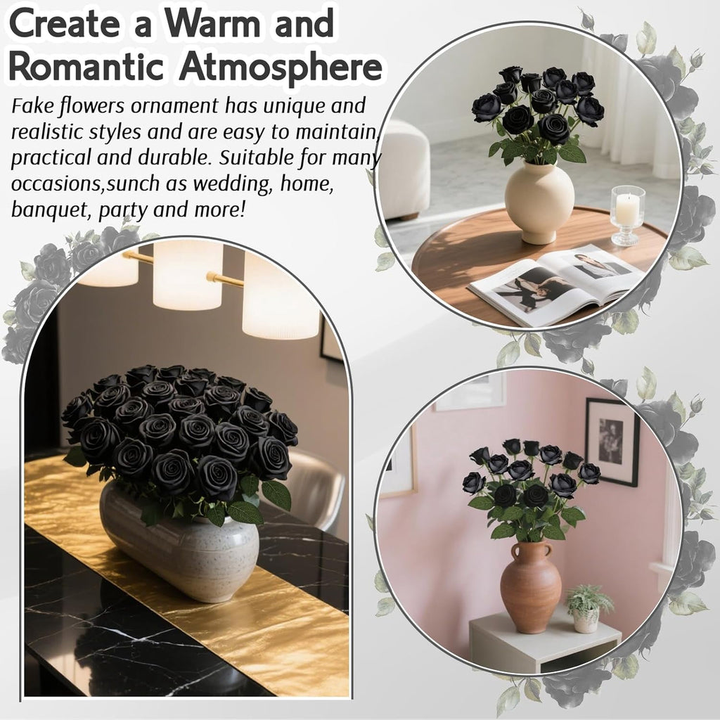 24Pcs Black Velvet Artificial Roses, Realistic Fake Roses Bouquet, Gothic Dark Silk Flowers for Wedding Centerpiece, Halloween Decor, Home Table Decor