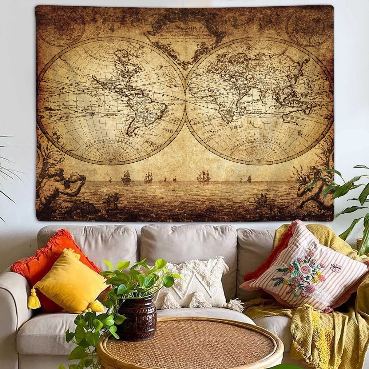 Old World Map Tapestry, Vintage Wanderlust Pirate Map Tapestry Wall Hanging for Men Bedroom, Historical Atlas Tapestries Poster Beach Blanket College Dorm Home Decor,71x60In