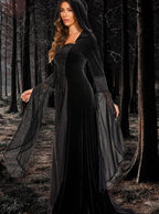 Halloween Witch Costume Women, Deluxe Witch Dress Costume, Vintage Embroidered Renaissance Gothic Hooded Vampire Gown Dress Cosplay Costumes Black M