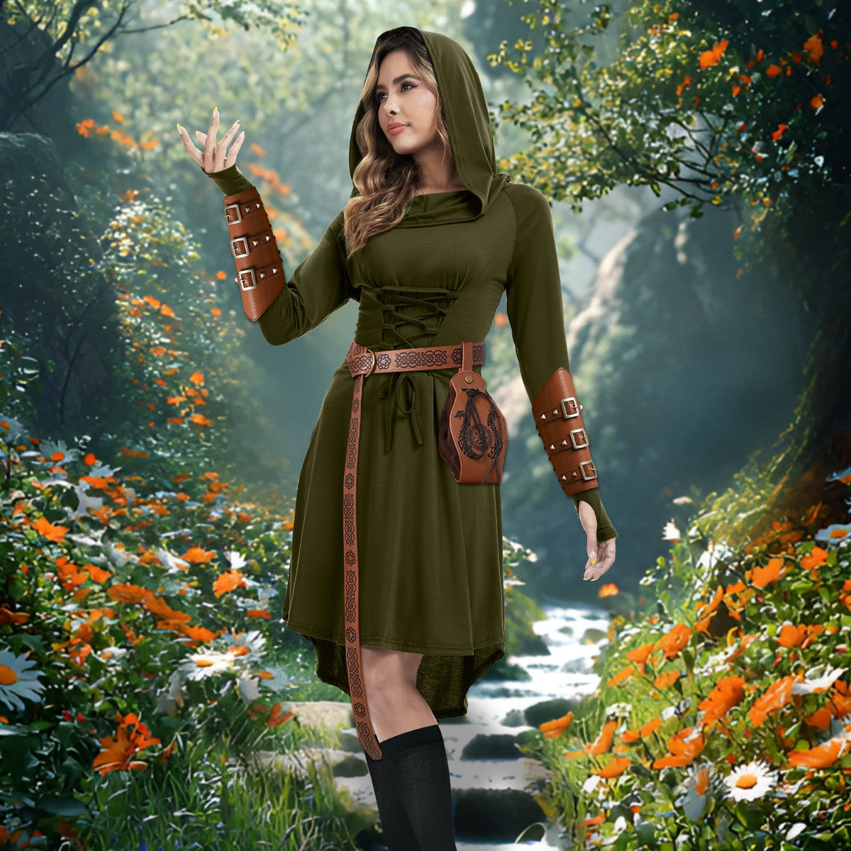 MYATED 5 Pcs Womens Renaissance Costumes Medieval Vintage Hooded Dress, Gothic Costume Fairy Dress Suitable for Halloween Cosplay (Green,M)
