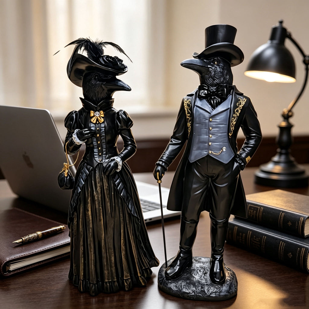 Gothic Raven Figurine Set, Victorian Raven Couple Statue, Elegant Gentleman and Lady Resin Decor, Dark Academia Tabletop Ornament for Halloween Mantel Shelf Vintage Home Display