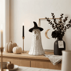 Handwoven Wicker Ghost with Detachable Witch Hat Lid - Rustic Rattan Style Spooky Lantern Centerpiece Halloween Decoration, Dark Botanical & Farmhouse Tabletop Mantle Decor, 13.78", Black & White