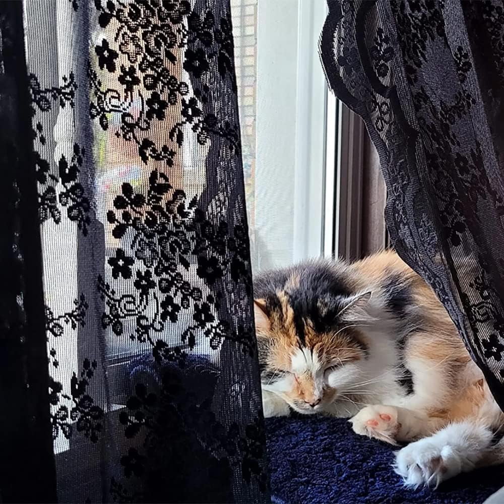 Vintage Lace Curtains 45 Inch Length-victorian Dark Floral Pattern Black Sheer Curtain Panels For Kitchen Bedroom Light Filtering Gothic Witchy Short Drapes 2 52w X 45l