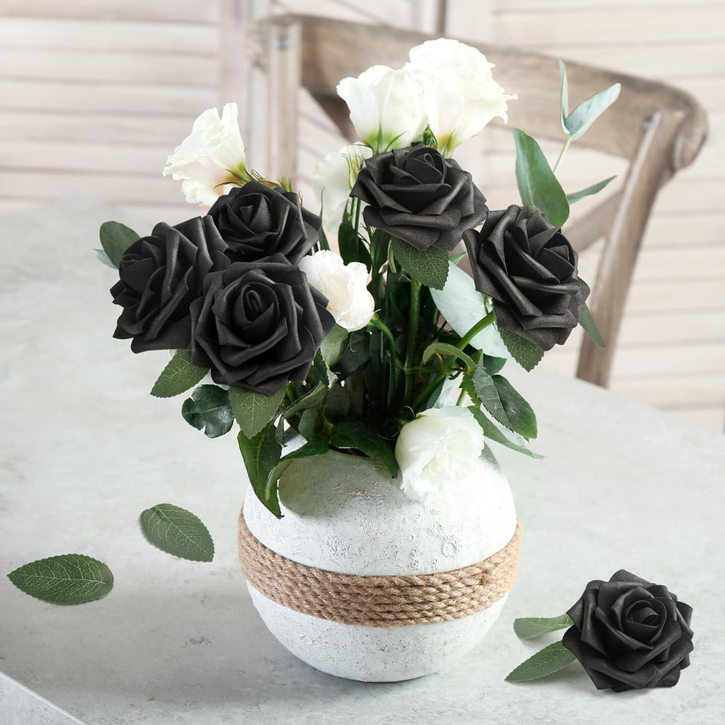 Mocoosy 50Pcs Black Roses Artificial Flowers, Fake Roses for Decorations Real Touch Foam Rose Bulk with Stem Gothic Wedding Bouquet DIY Floral Arrangements Bridal Shower Valentine's Party Table Decor
