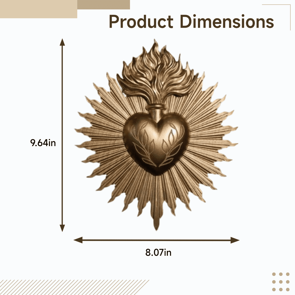 Golden Gothic Sacred Heart Wall Plaque, 9.6 x 8.1 in / 24.5 x 20.5 cm, Sacred Heart Wall Decor, Resin Heart Milagro, Ex Voto, Gothic Home Decoration Wall Hanging Ornament