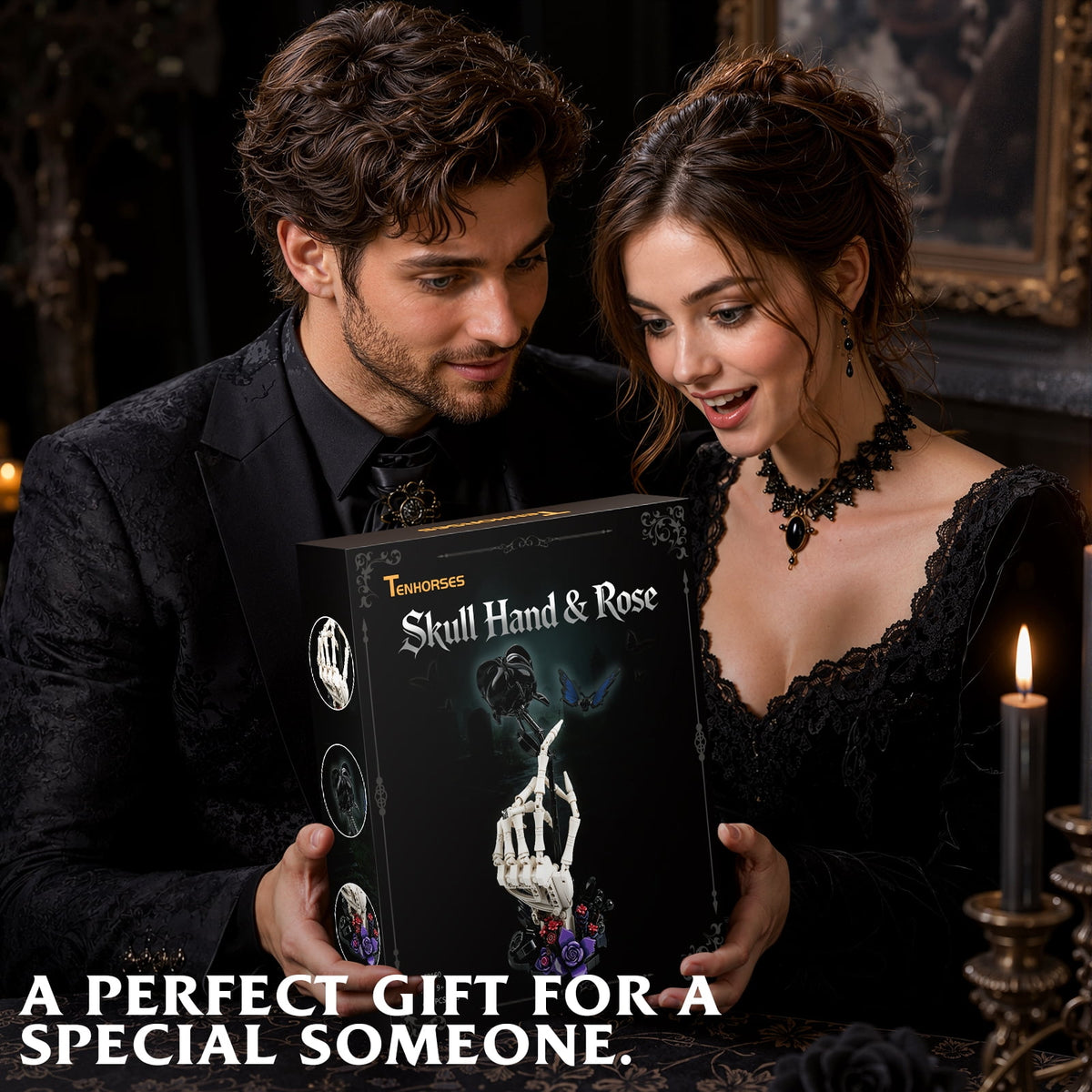 Skeleton Hand with Black Rose Building Set, 2-in-1 Movable Gothic Skull Flower Building Kit, 453Pcs Dark Tabletop Decor, Halloween Gift for Adults