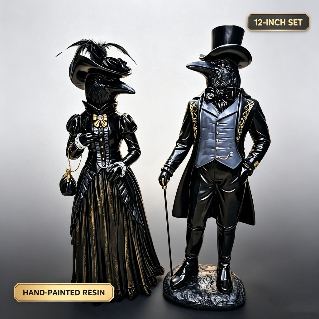Gothic Raven Figurine Set, Victorian Raven Couple Statue, Elegant Gentleman and Lady Resin Decor, Dark Academia Tabletop Ornament for Halloween Mantel Shelf Vintage Home Display