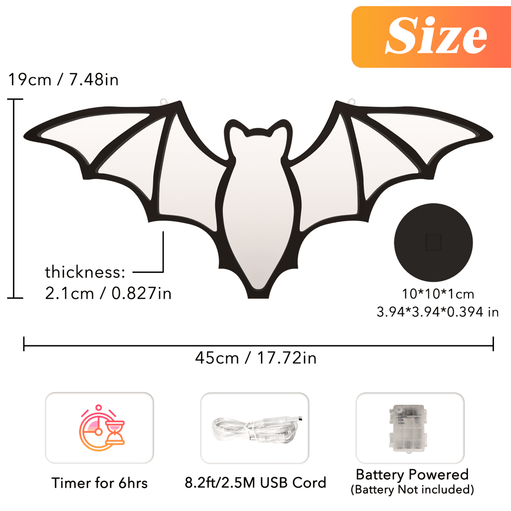 Beatineon Bat Infinity Mirror Light, USB & Battery Powered with 6H Timer, Hanging 2D Halloween Decor for Indoor Gothic Home Decor
