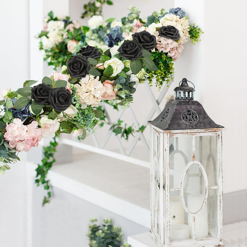 Mocoosy 50Pcs Black Roses Artificial Flowers, Fake Roses for Decorations Real Touch Foam Rose Bulk with Stem Gothic Wedding Bouquet DIY Floral Arrangements Bridal Shower Valentine's Party Table Decor