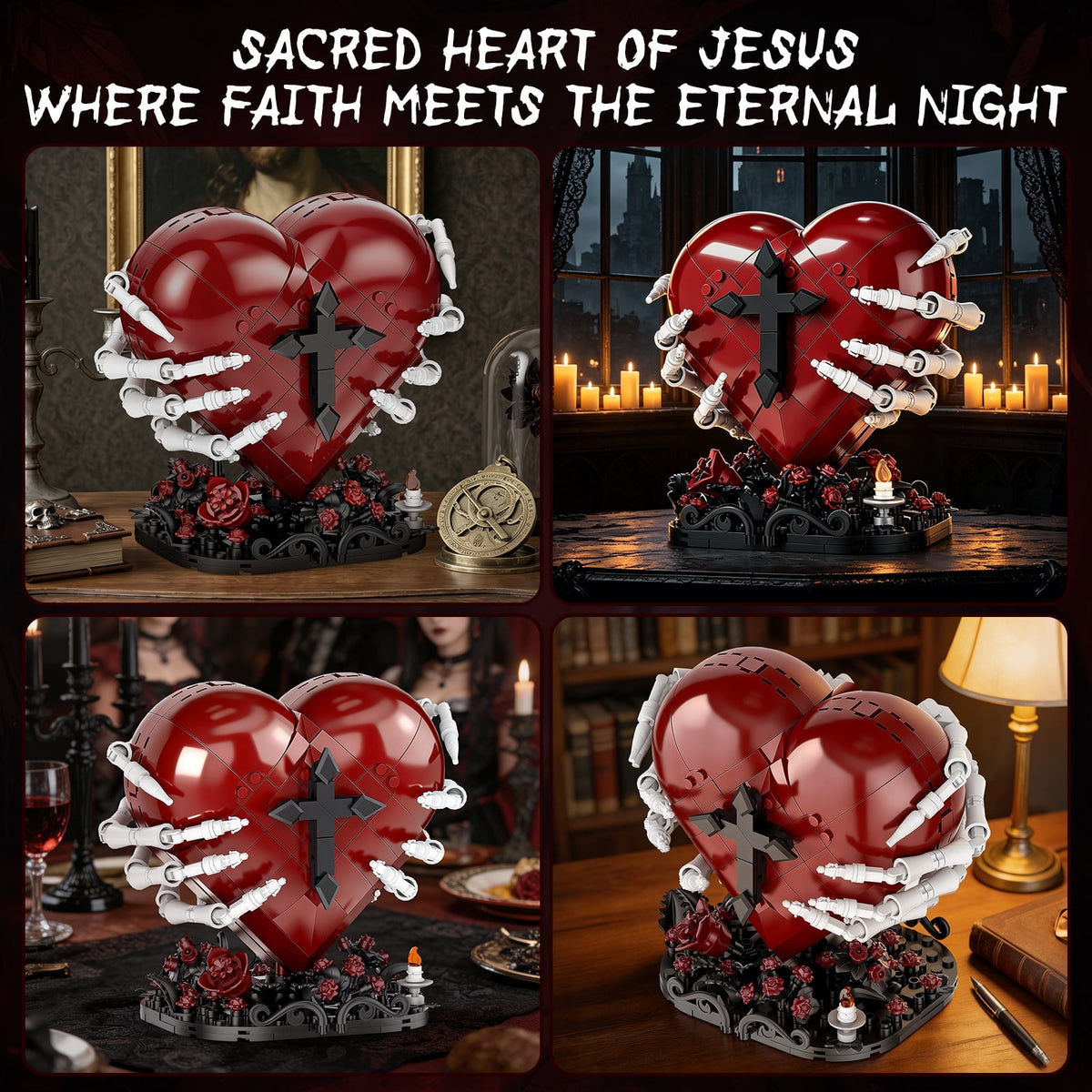 Sacred Heart Building Blocks Set - Gothic Red Heart Model, Dark Art Romantic Gift for Adults, Spooky Home Decor with Rose Base, 566Pcs