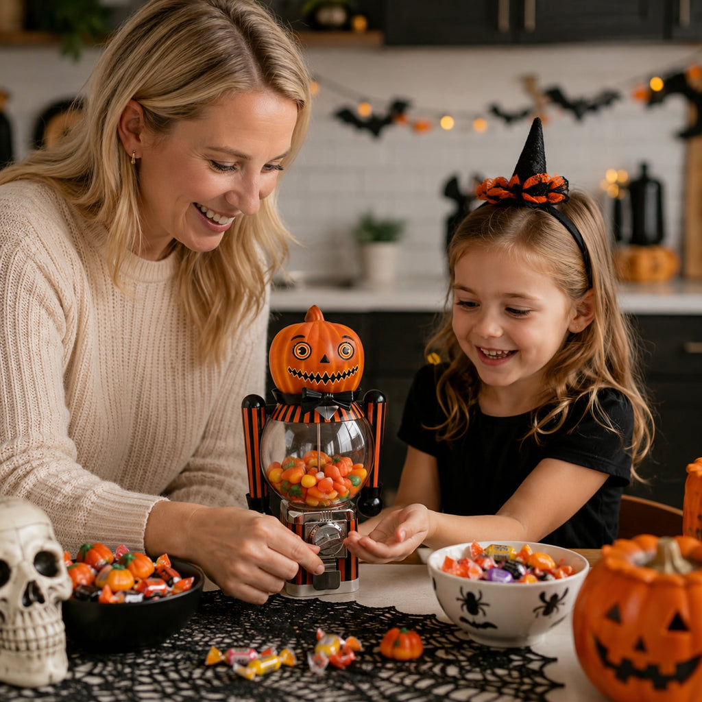Vintage Striped Pumpkin Candy Dispenser, Jack-o'-Lantern Mini Gumball Machine with Clear Container, Halloween Decorations, Desktop Ornament, Halloween Table Centerpiece & Party Favor Gift