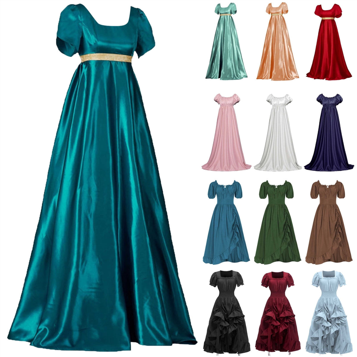 QATAINLAV Womens Satin Regency Dress Ruffle Puff Sleeve Empire Waist Party Victorian Gown Vintage Court Costume Dresses, Dark Blue, XXXL