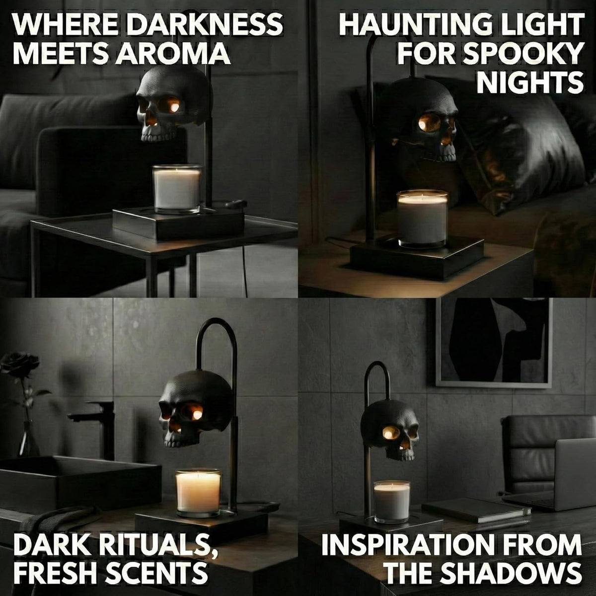 Skull Candle Warmer Lamp with Timer and Dimmer *Candles NOT Included – Black Gothic Candle Lamp Warmer w/Adjustable Height, 2 Light Bulbs – Skull Decor, Goth Gothic Decor Spooky Home & Witchy Gifts