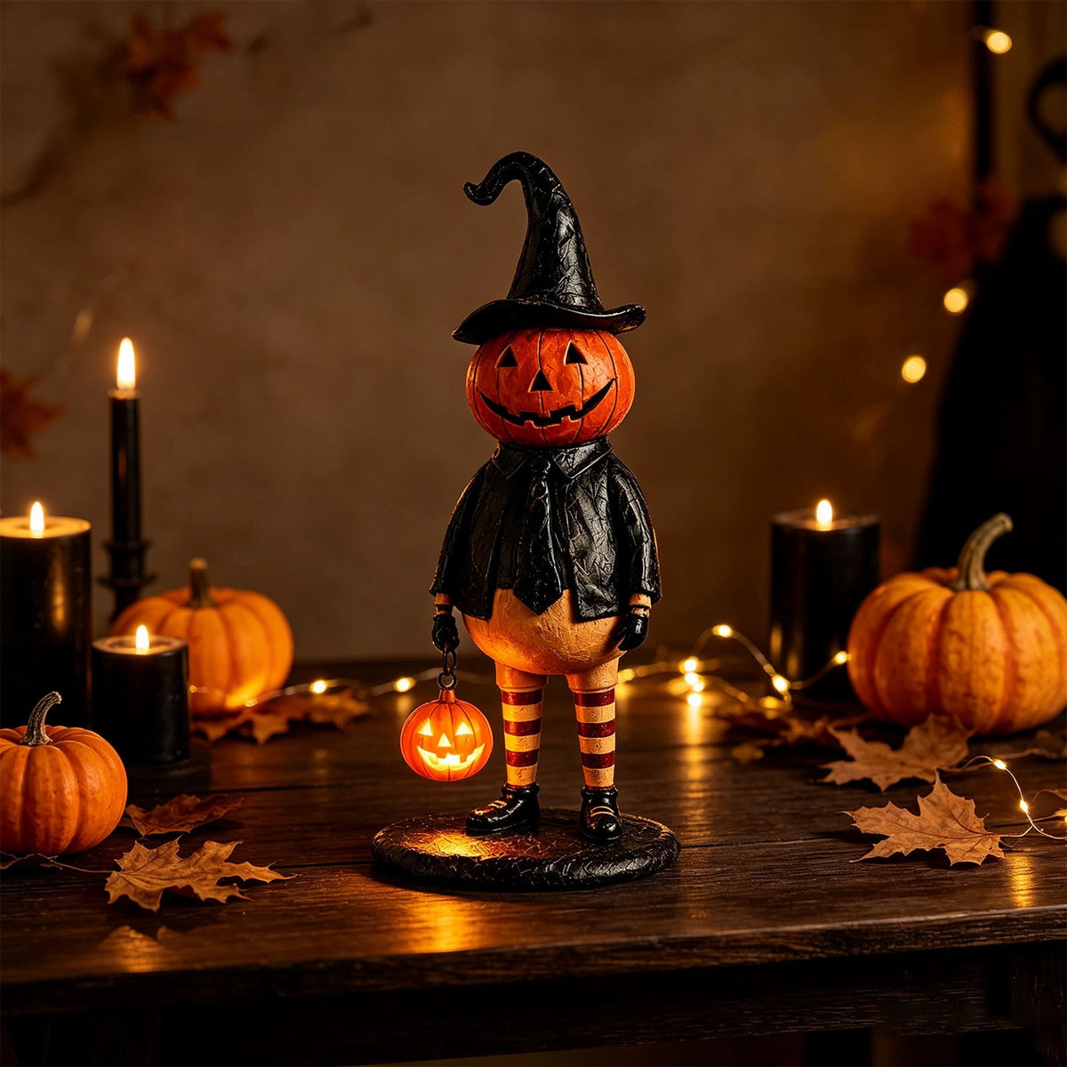 Halloween Pumpkin Head Figurine with Lighted Handheld Pumpkin Lantern - Vintage Witch Gentleman Tabletop Decor, Light Up O' Lantern Statue for Home Mantel Shelf Fall Decor