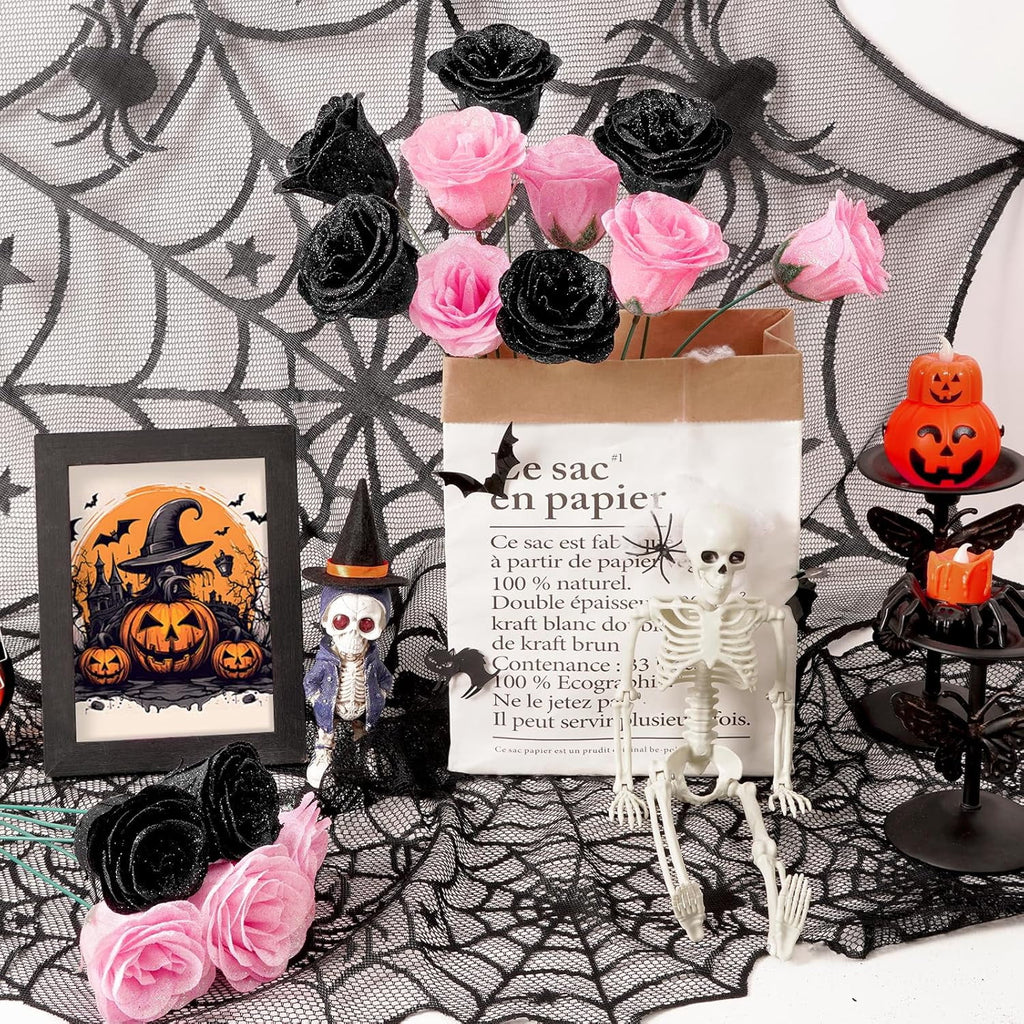 Waipfaru 36pcs Gothic Black Pink Rose Bouquet,DIY Artificial Glitter Flowers Horror Themed Gift for Halloween Anniversary,Goth Gifts for Her Him