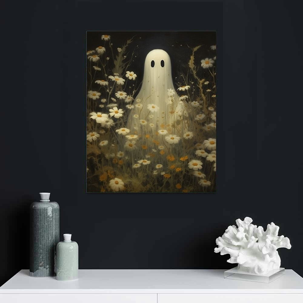 JRXY Ghost Painting Floral Print Dark Romantic Art Halloween Decoration Wall Art Academia Gothic Decor Framed Canvas 16x20in 12x16 in