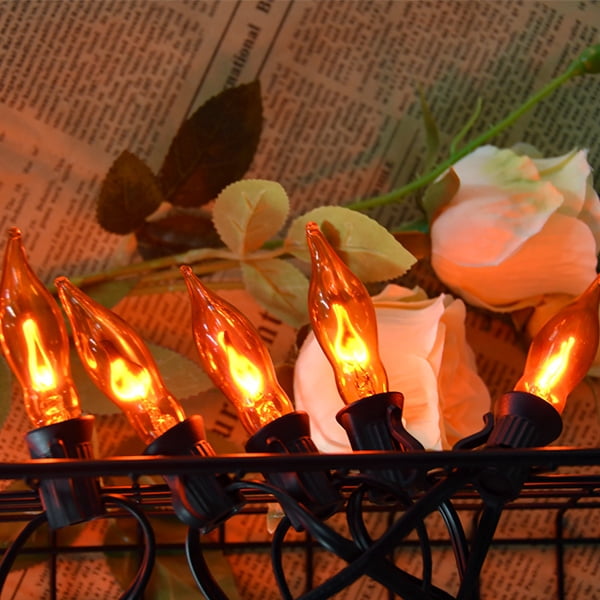Halloween Decorations - Indoor and Outdoor Flickering Flame String Lights, 27.8ft C7 Vintage Flickering Flame String Lights, Orange String Lights with 25 Orange Clear Flame Bulbs (E12 Bulbs, Black Wi