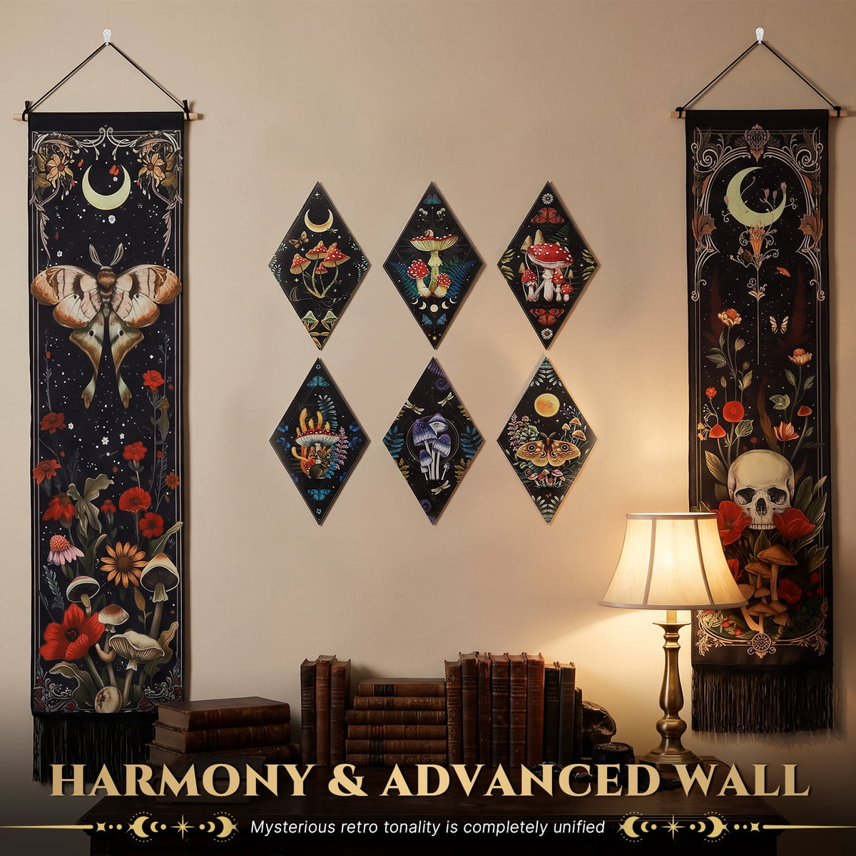 Gothic Wall Decor Set, 2-Pack Butterfly Floral Tapestry for Bedroom with 6 Wood Diamond Wall Hangings, Dark Cottagecore Room Art