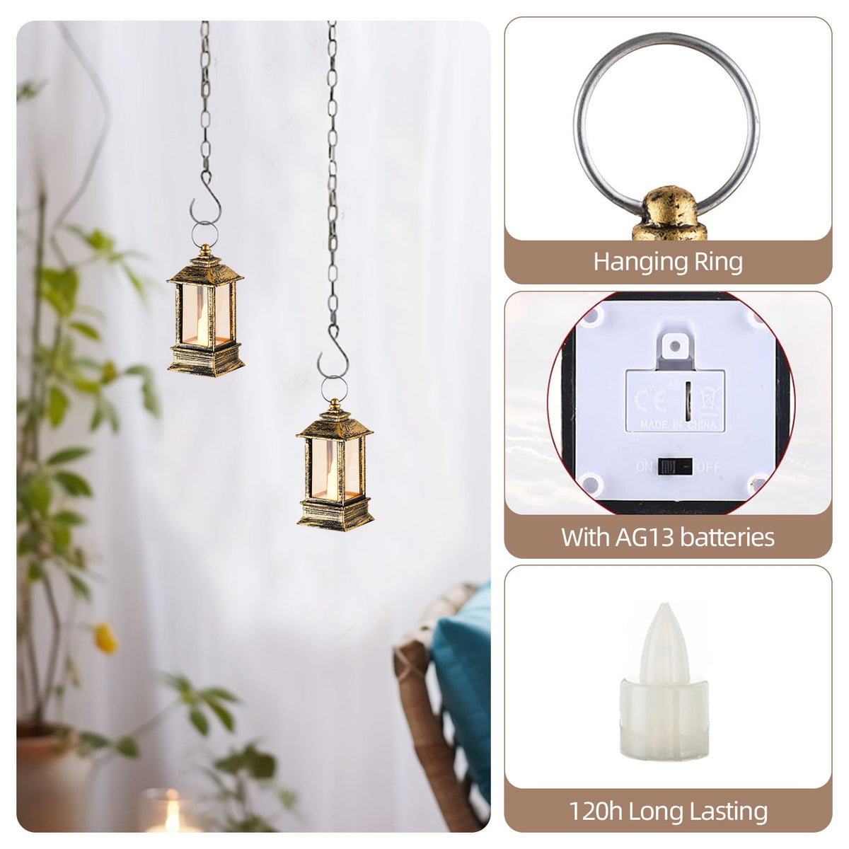 Sziqiqi Bronze Vintage Mini Hanging Lanterns: LED Candles Decorative Set of 24 for Halloween Christmas Wedding Party