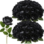 24Pcs Black Velvet Artificial Roses, Realistic Fake Roses Bouquet, Gothic Dark Silk Flowers for Wedding Centerpiece, Halloween Decor, Home Table Decor