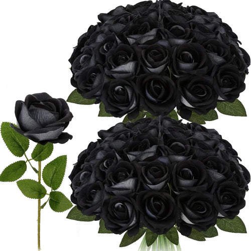 24Pcs Black Velvet Artificial Roses, Realistic Fake Roses Bouquet, Gothic Dark Silk Flowers for Wedding Centerpiece, Halloween Decor, Home Table Decor