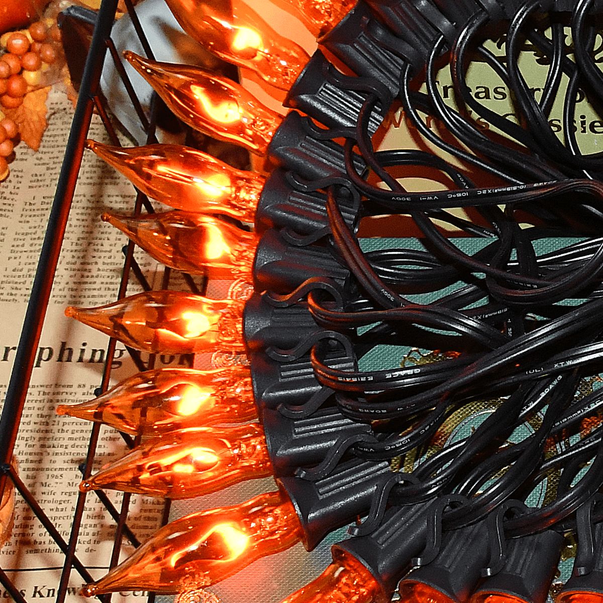 Halloween Decorations - Indoor and Outdoor Flickering Flame String Lights, 27.8ft C7 Vintage Flickering Flame String Lights, Orange String Lights with 25 Orange Clear Flame Bulbs (E12 Bulbs, Black Wi