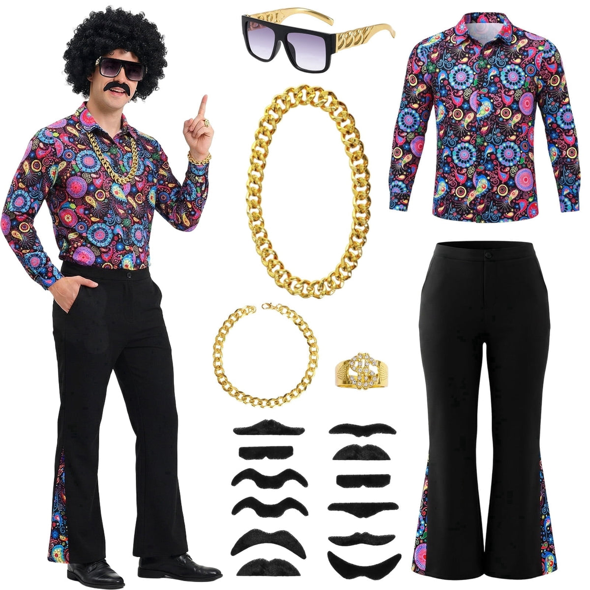 Horror Spacez 70s Disco Outfit Men Disco Costume Set Men with Shirt Flared Pants Accessories 1970s