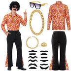 Alaiyaky 70s Disco Outfit Men Disco Costume Set Men with Shirt Flared Pants Accessories 1970s Fancy Dress for Adults Hippie Costume for Halloween Carnival Party