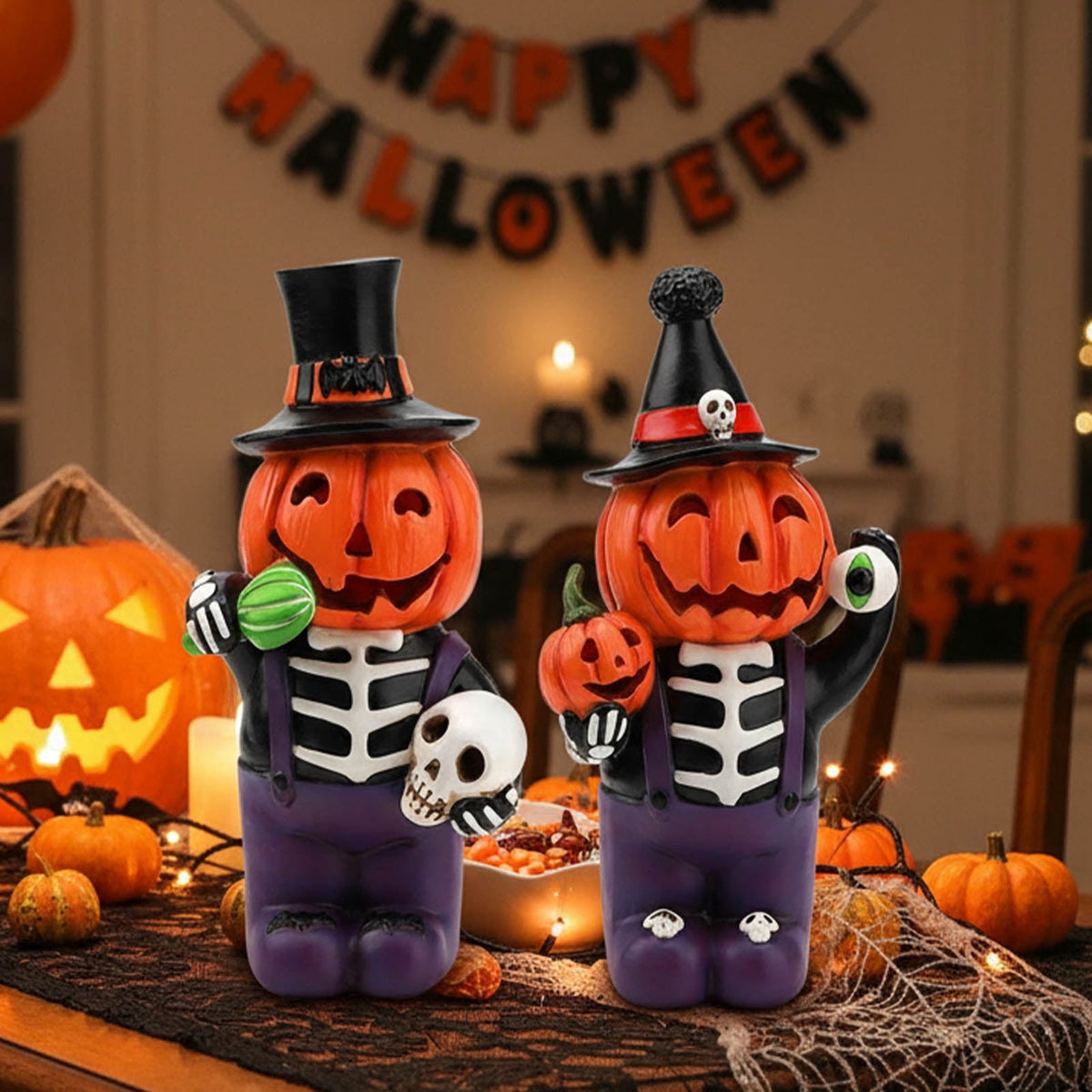 Horror Spacez 2pcs Halloween Cat and Skeleton Figurines Vintage Halloween Black Cat Decor Halloween