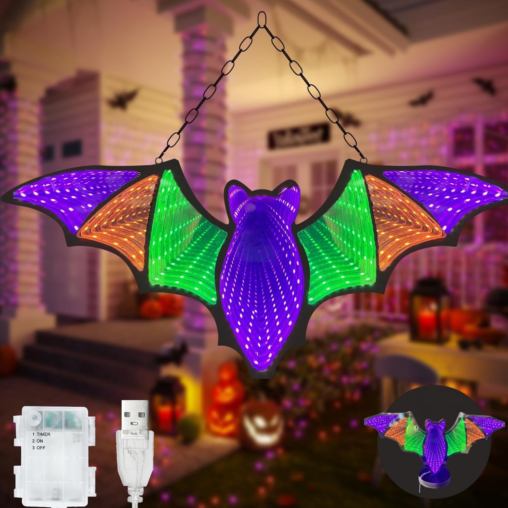 Beatineon Bat Infinity Mirror Light, USB & Battery Powered with 6H Timer, Hanging 2D Halloween Decor for Indoor Gothic Home Decor