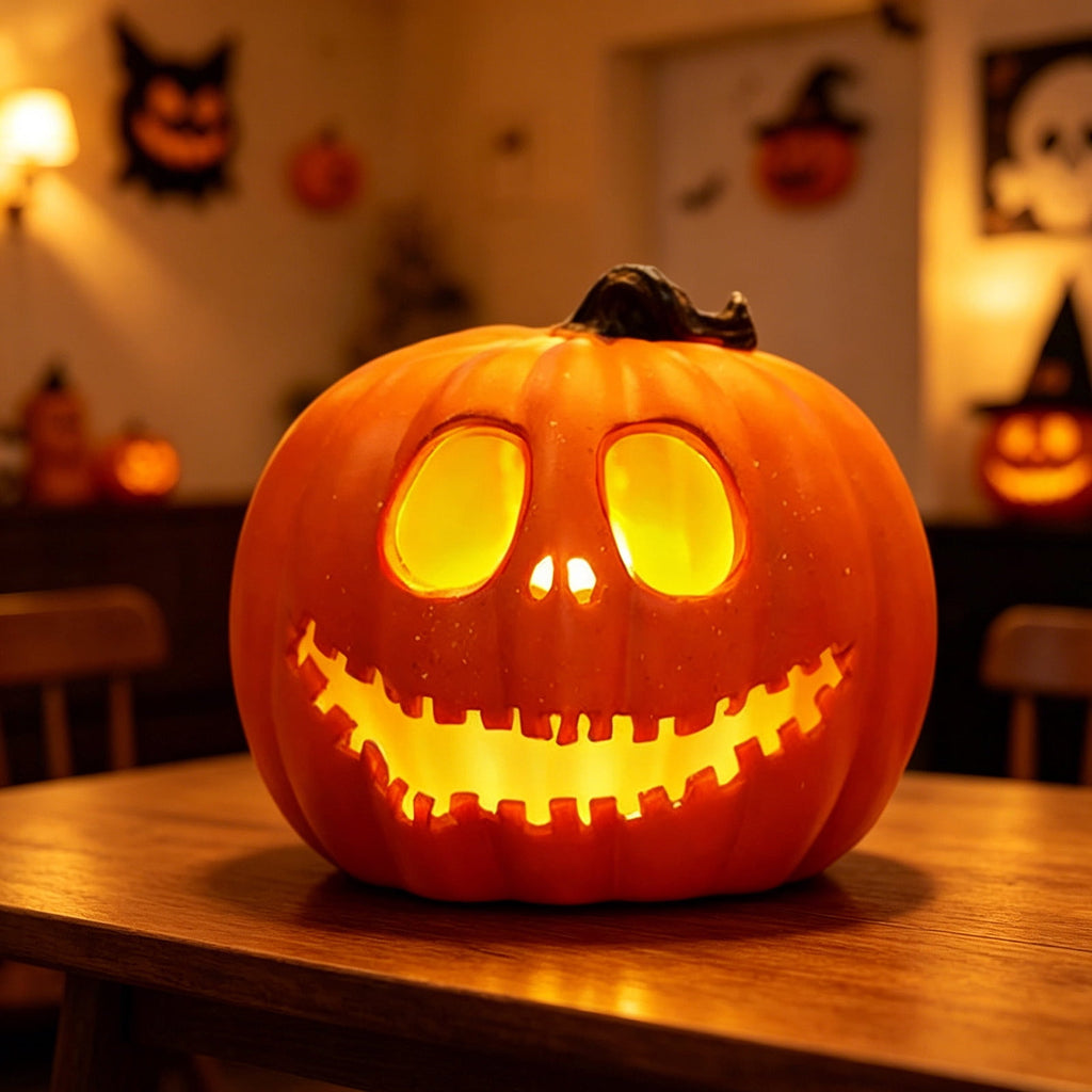Horror Spacez Halloween Oblong Jack O Lantern Pumpkin, Evil Eye Jack O Lantern LED Light Fanged