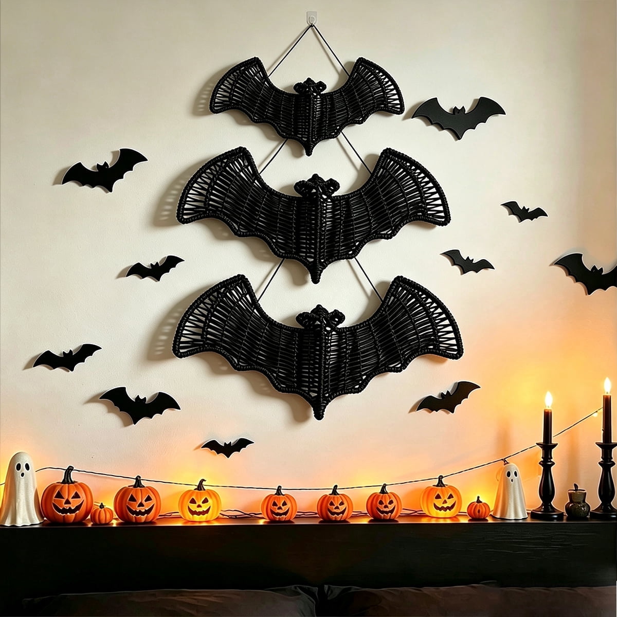 Clearance Halloween Hanging Bats Decoration Handcrafted Woven Rattan Black Bat Wall Hanging, Gothic Farmhouse Wall Art Decor for Door Mantel & Party -3 Pcs