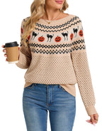Horror Spacez Sweaters for Women Halloween Sweater Fair Isle Knit Black Cat Pumpkin Crew Neck
