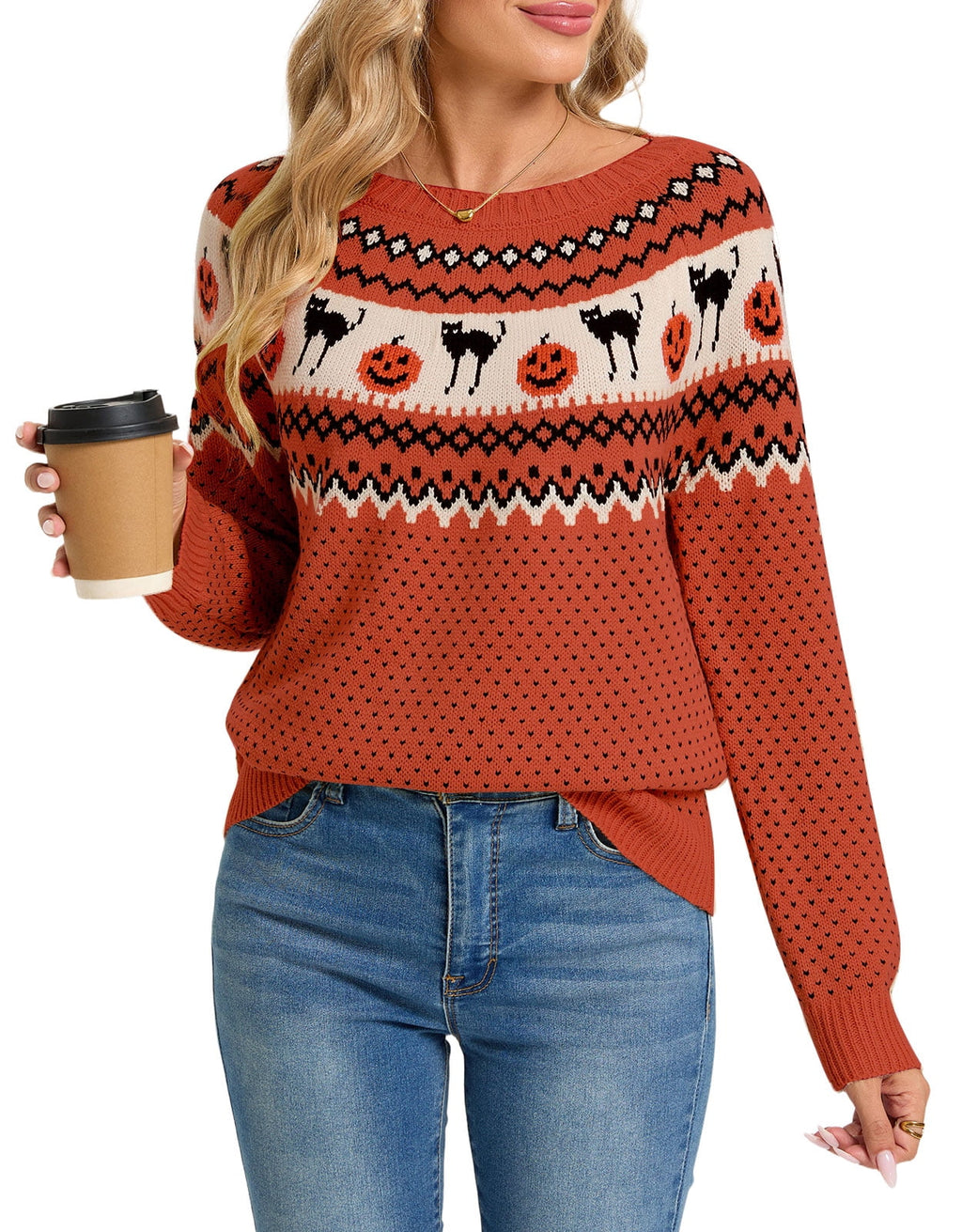 Cogild Sweaters for Women Halloween Sweater Fair Isle Knit Black Cat Pumpkin Crew Neck Pullover Fall Top