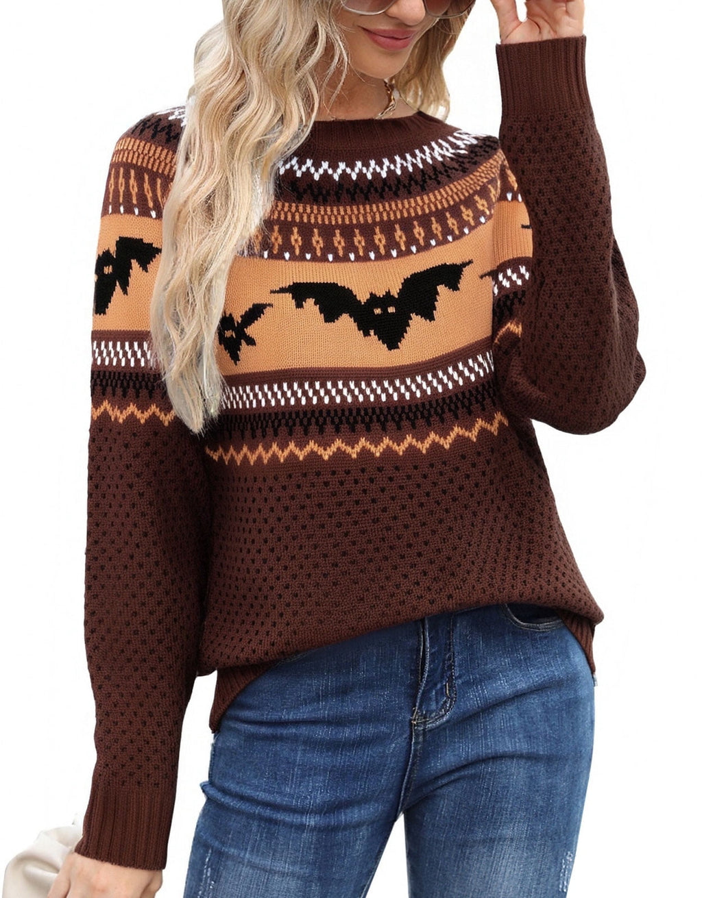 Horror Spacez Sweaters for Women Halloween Sweater Fair Isle Knit Black Cat Pumpkin Crew Neck